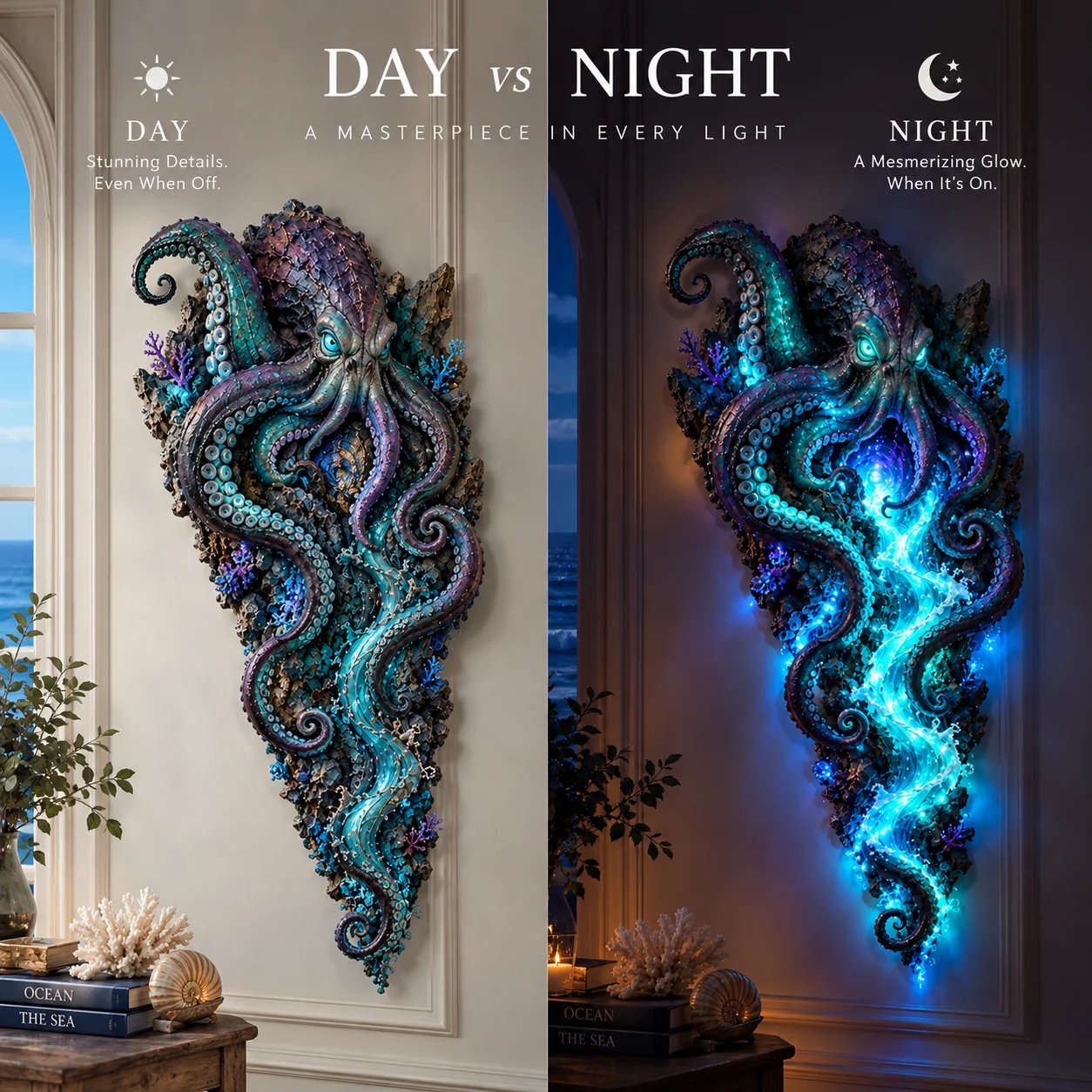 Kraken wall sculpture with the light switched off in daylight and illuminated after dark