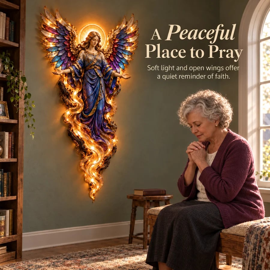 Gabriel displayed beside a woman in a quiet prayer corner