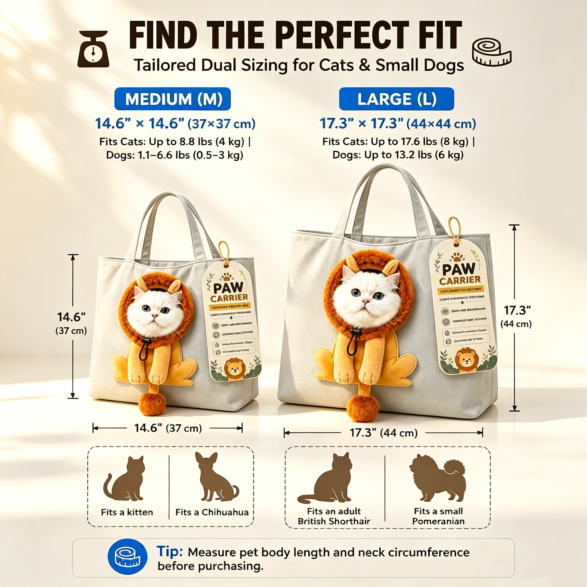 Pet carrier size reference chart