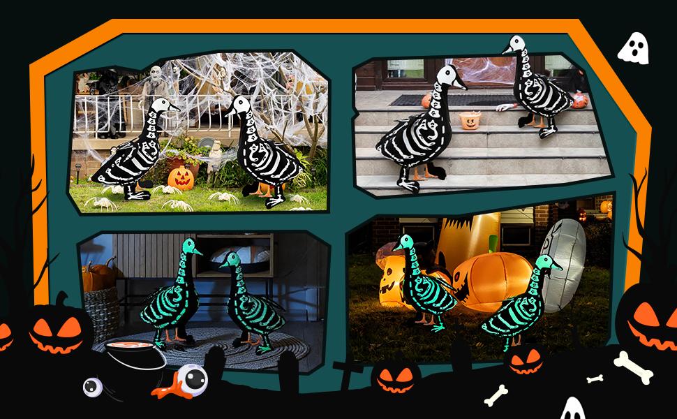 Halloween Porch Goose Outfits Glow in the Dark Skeleton Pumpkin Costume Clothes Accessories for 23'' Plastic/ Cement Goose Statue, Halloween Outdoor Patio Yard Lawn Decoration