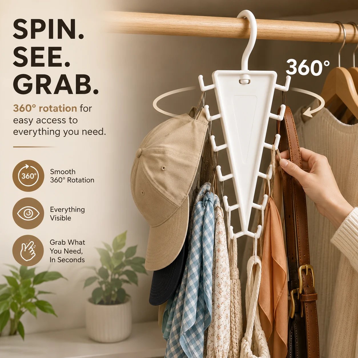360 degree rotating cream white closet organizer for easy access to belts scarves and hats