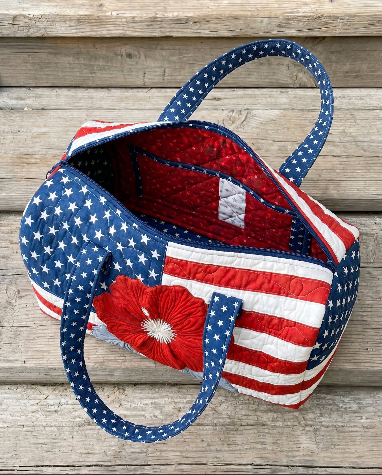Handmade quilted USA tote bag packed in a box