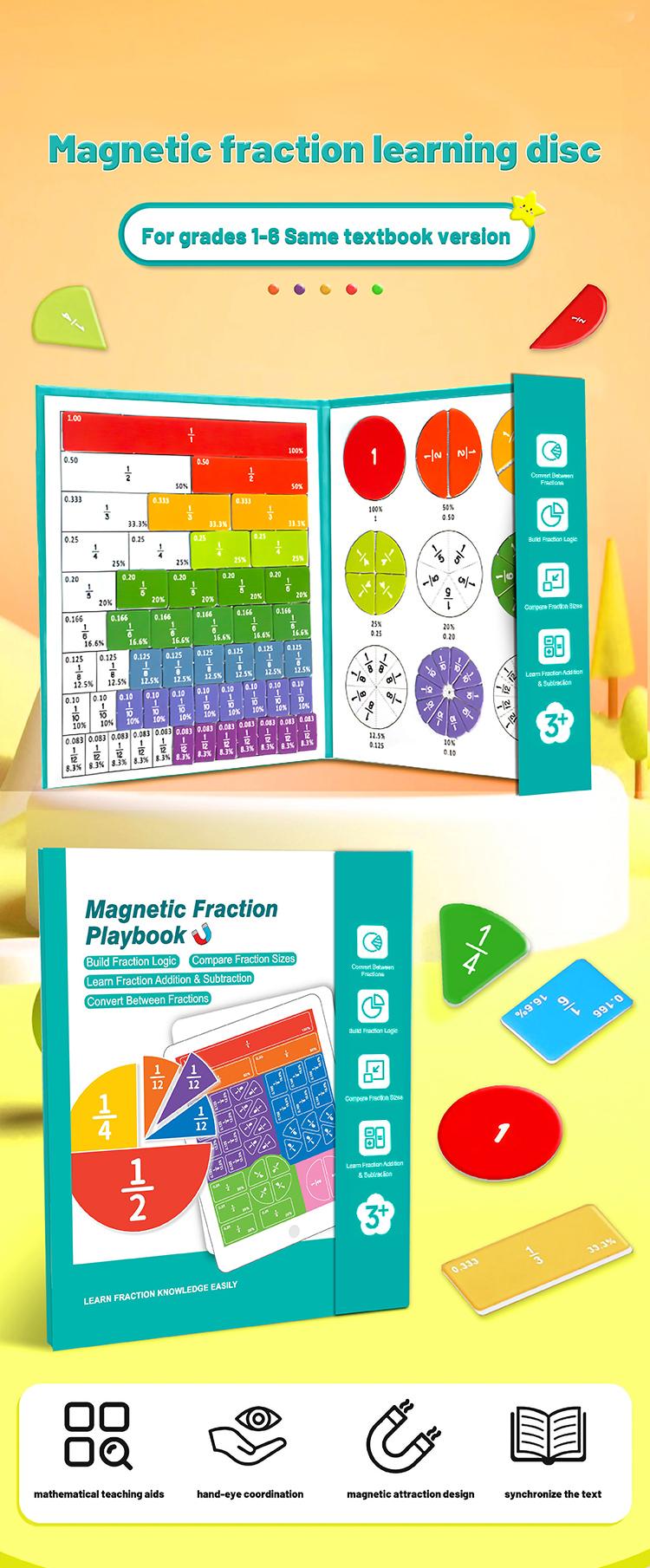 Magnetic Fraction Math Learning Book for Kids Aged 3-8, Colorful Educational Puzzle Toy, Magnetic Book for Addition & Subtraction Practice