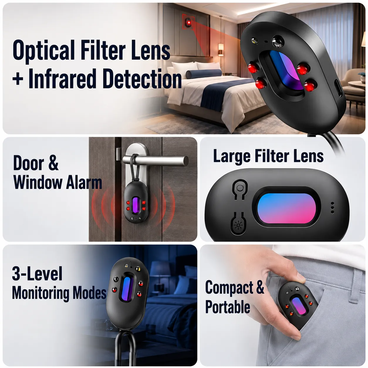 Portable infrared hidden camera detector with large optical filter lens, three monitoring modes, and door alarm function