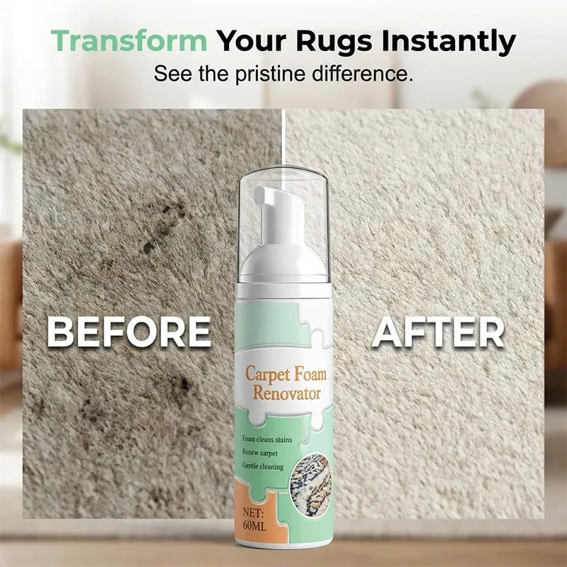 Before and after transformation of dirty rug using foam cleaner