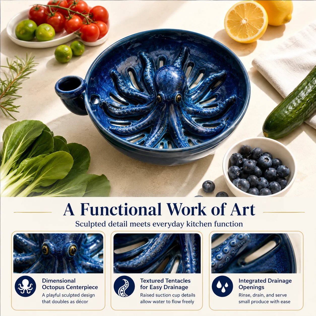 Blue octopus bowl filled with berries displayed on a dining table