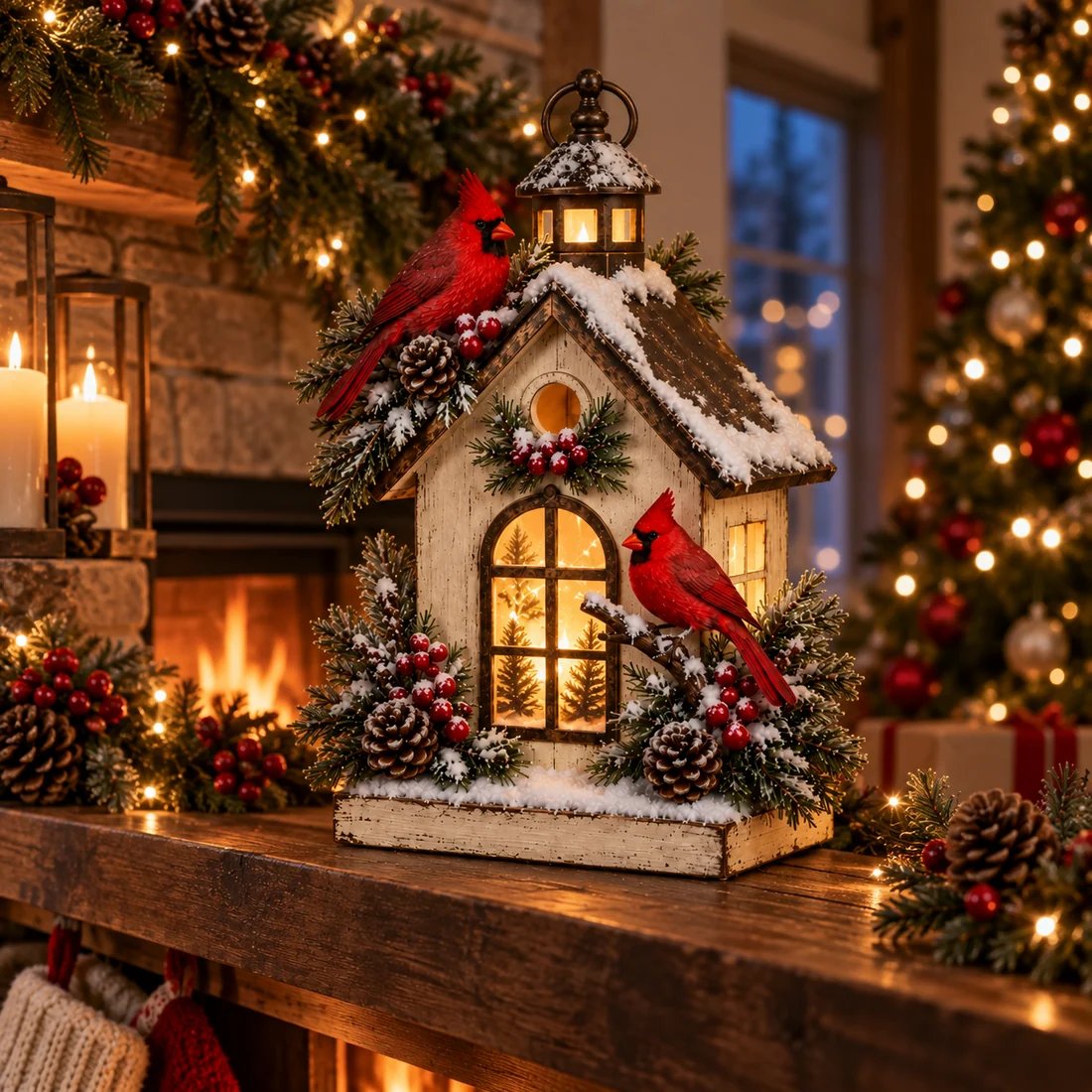 Cardinal Cottage Lantern illuminated at Christmas