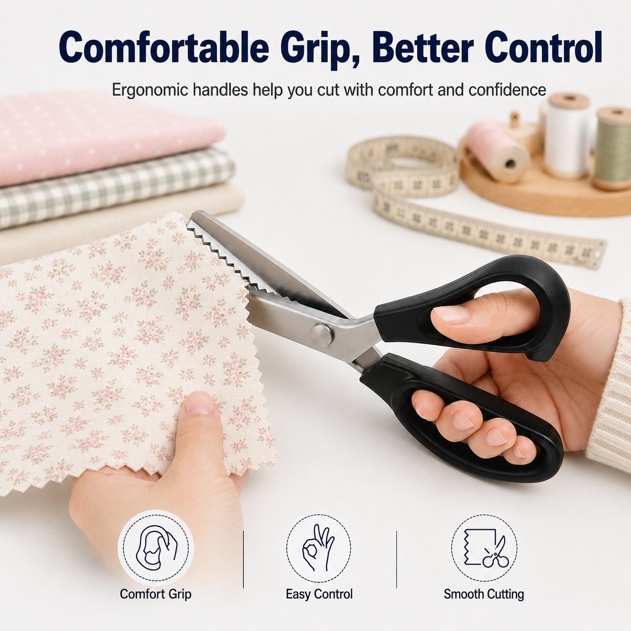 Large ergonomic black handles on stainless steel pinking shears