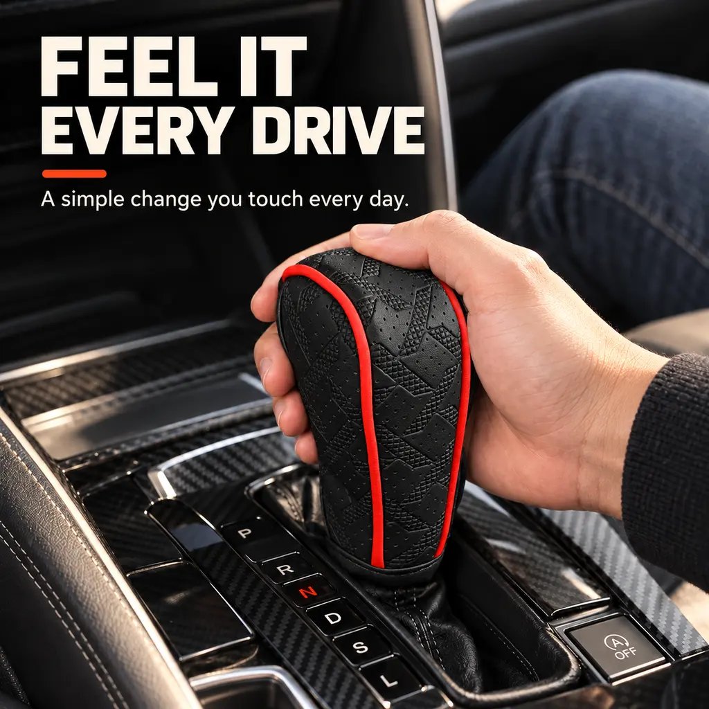 Driver holding the covered automatic shifter inside a car