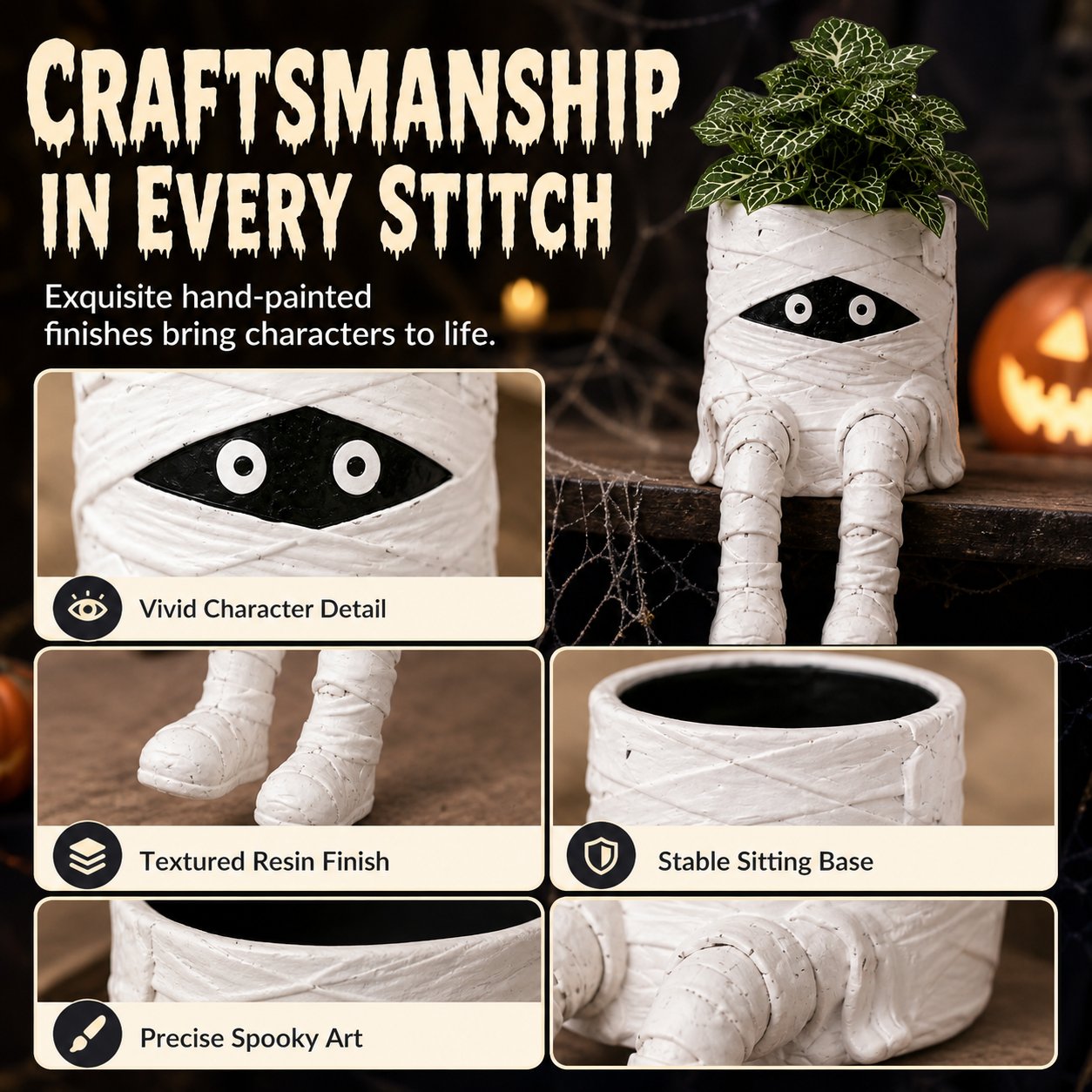 Hand painted Halloween resin planter details