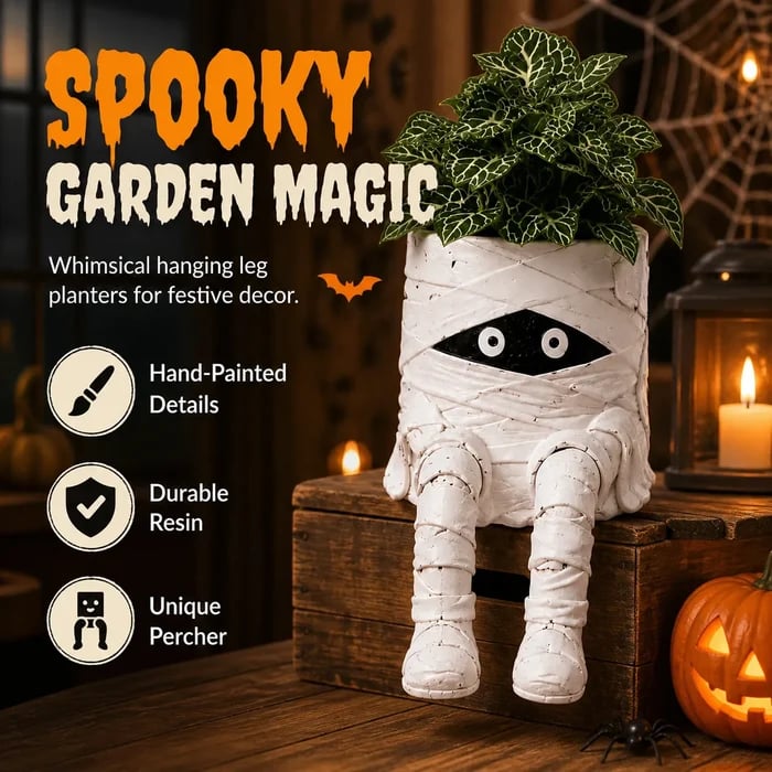 Mummy Halloween hanging leg planter