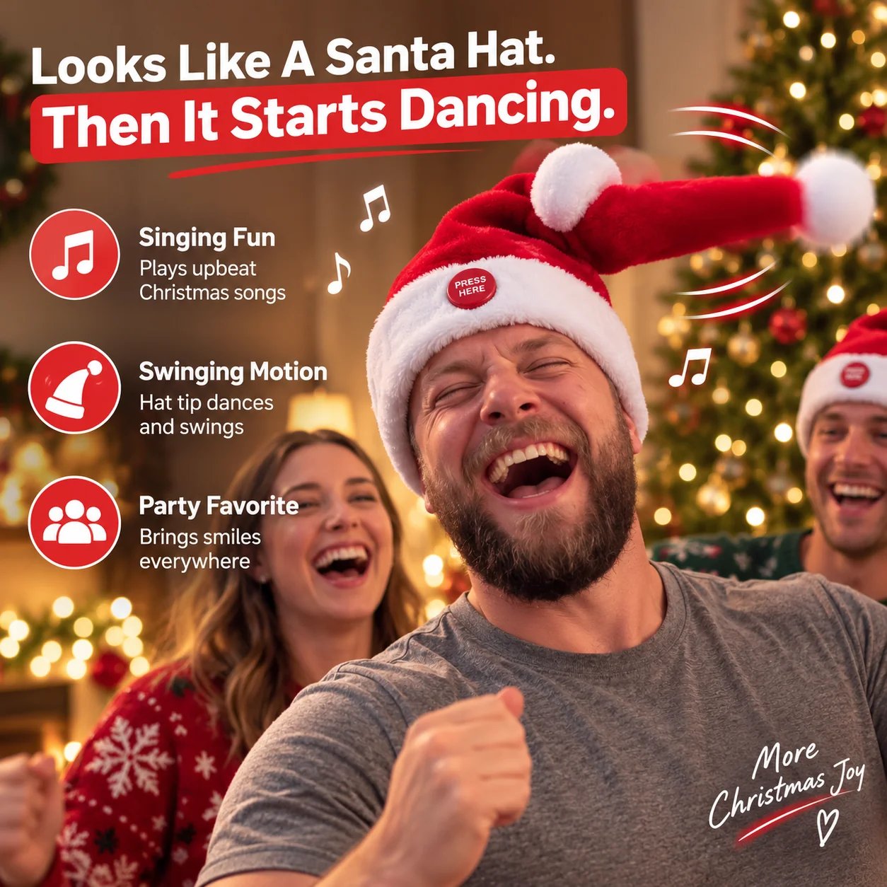 Looks like a Santa hat then it starts dancing product poster