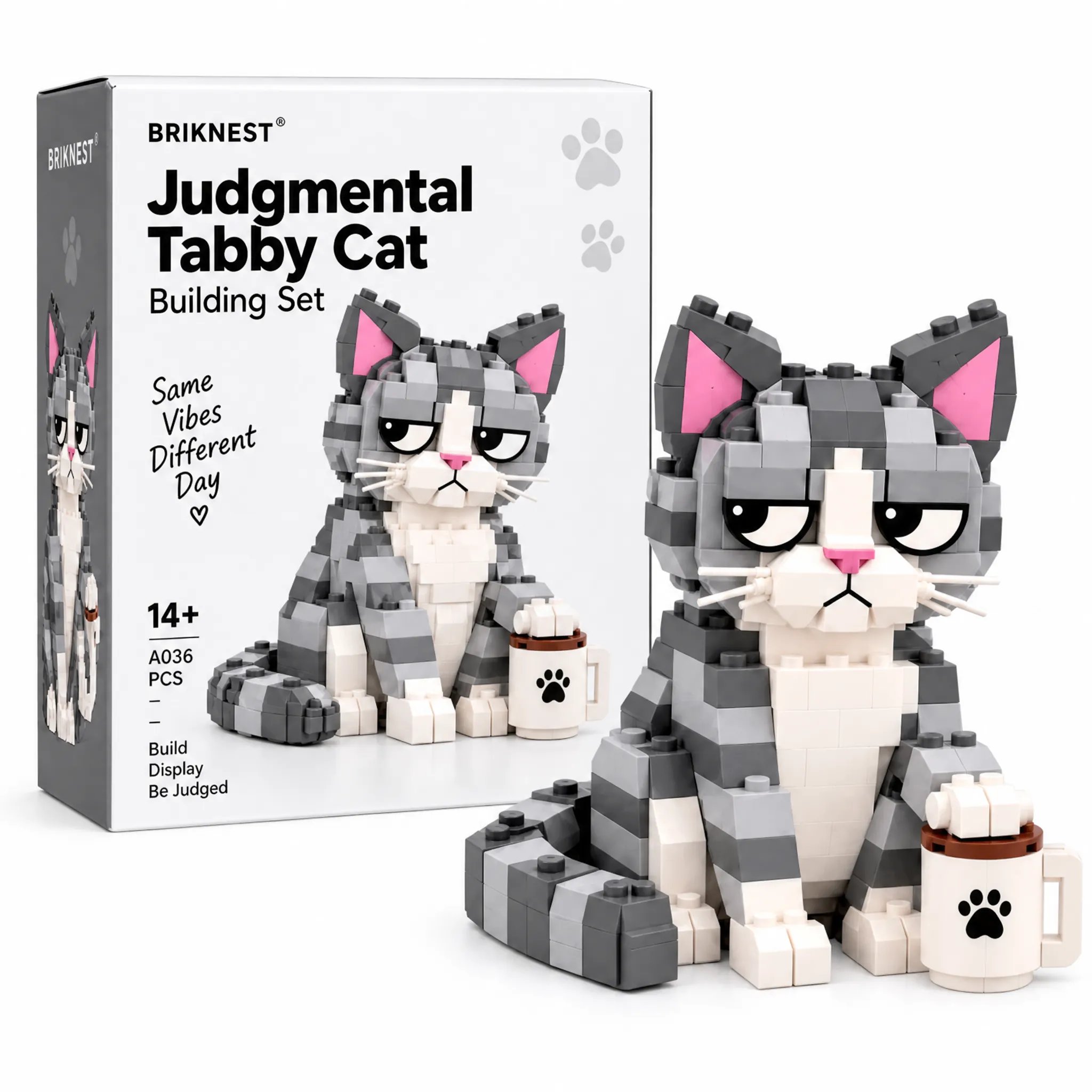 Judgmental Tabby Cat Building Set Box Contents