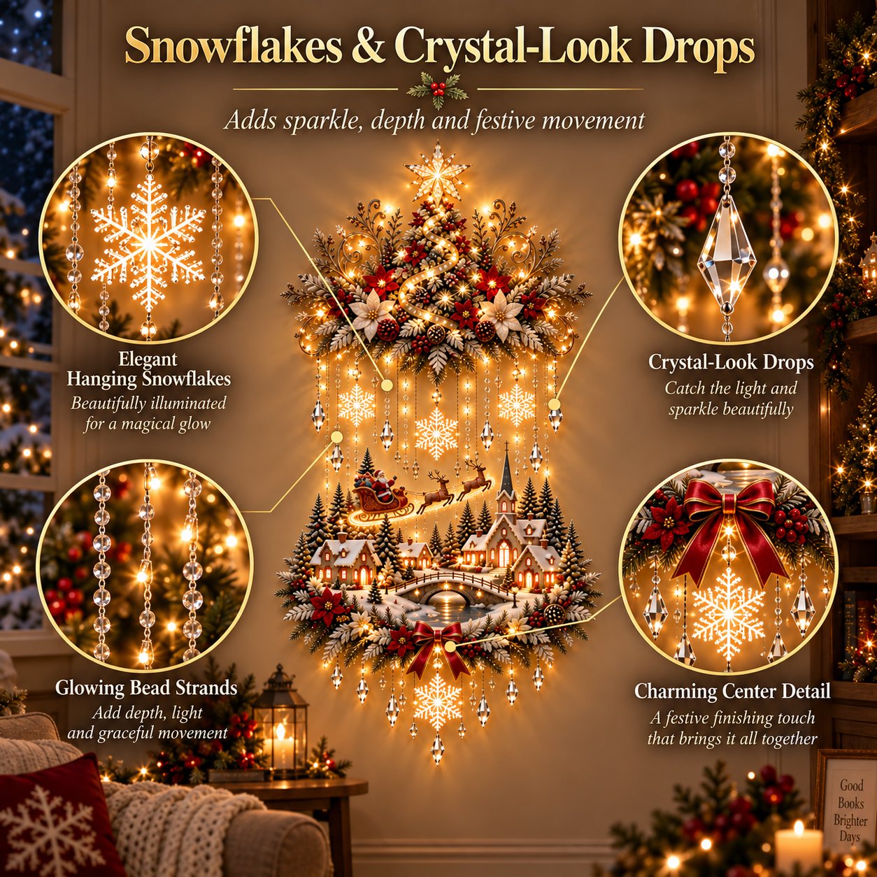 Detail image of hanging snowflakes, faceted crystal-look drops and decorative strands