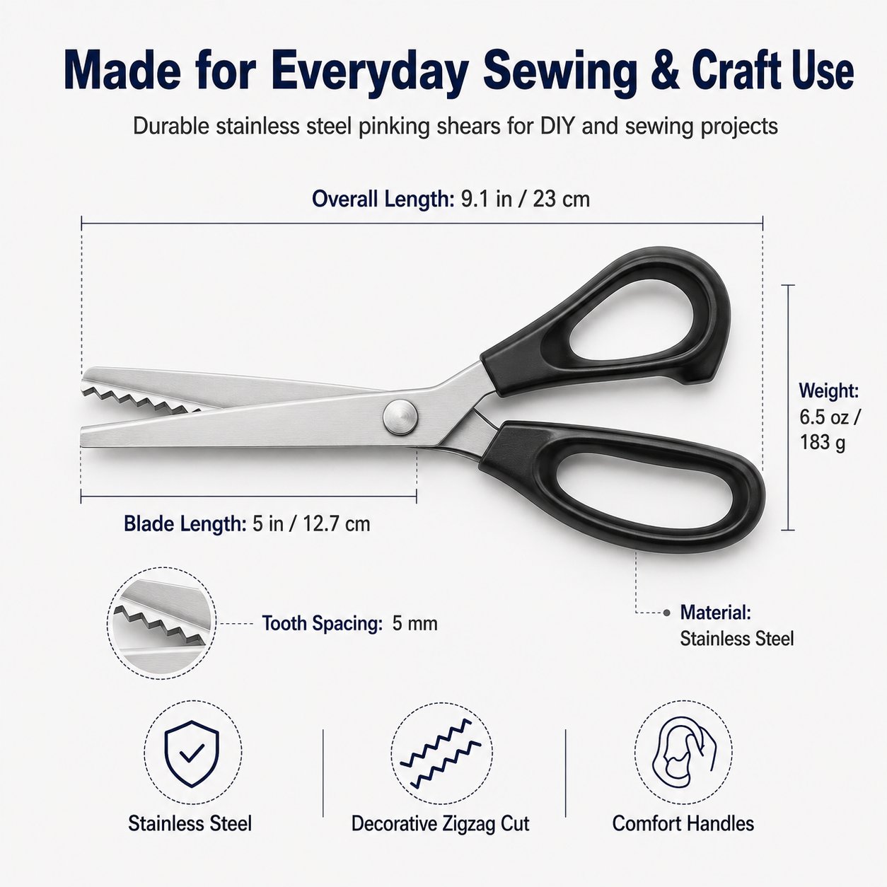 Pinking shears size chart showing overall length blade length weight tooth spacing and stainless steel material