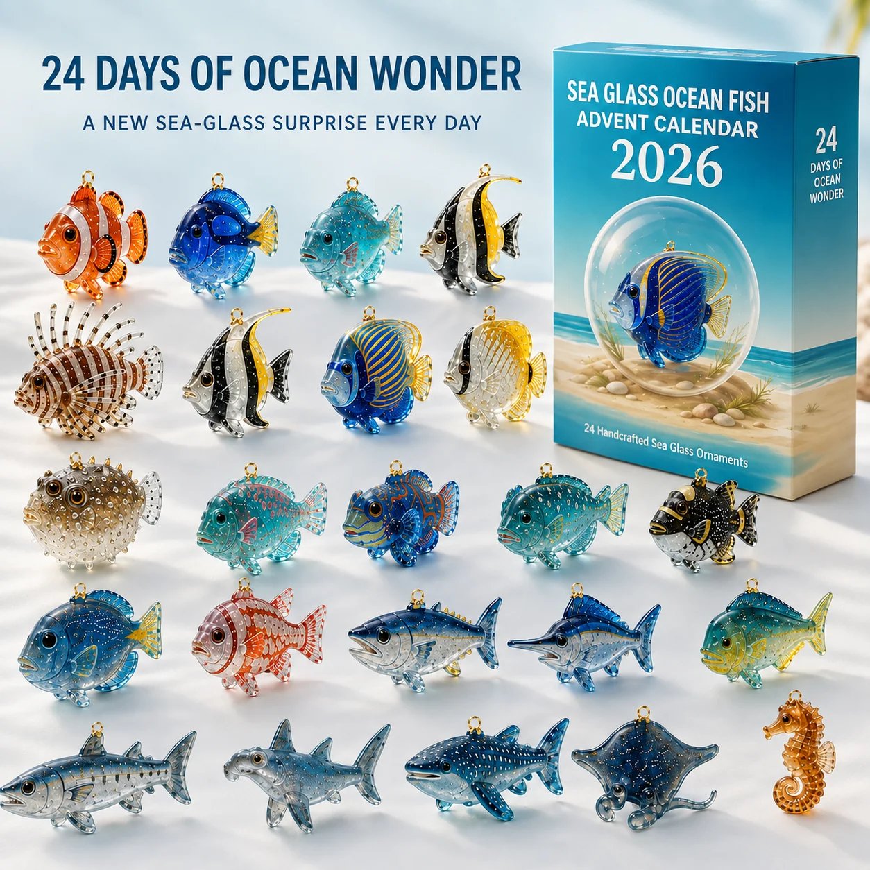 2026 Sea Glass Ocean Fish Advent Calendar with 24 colorful ocean ornaments