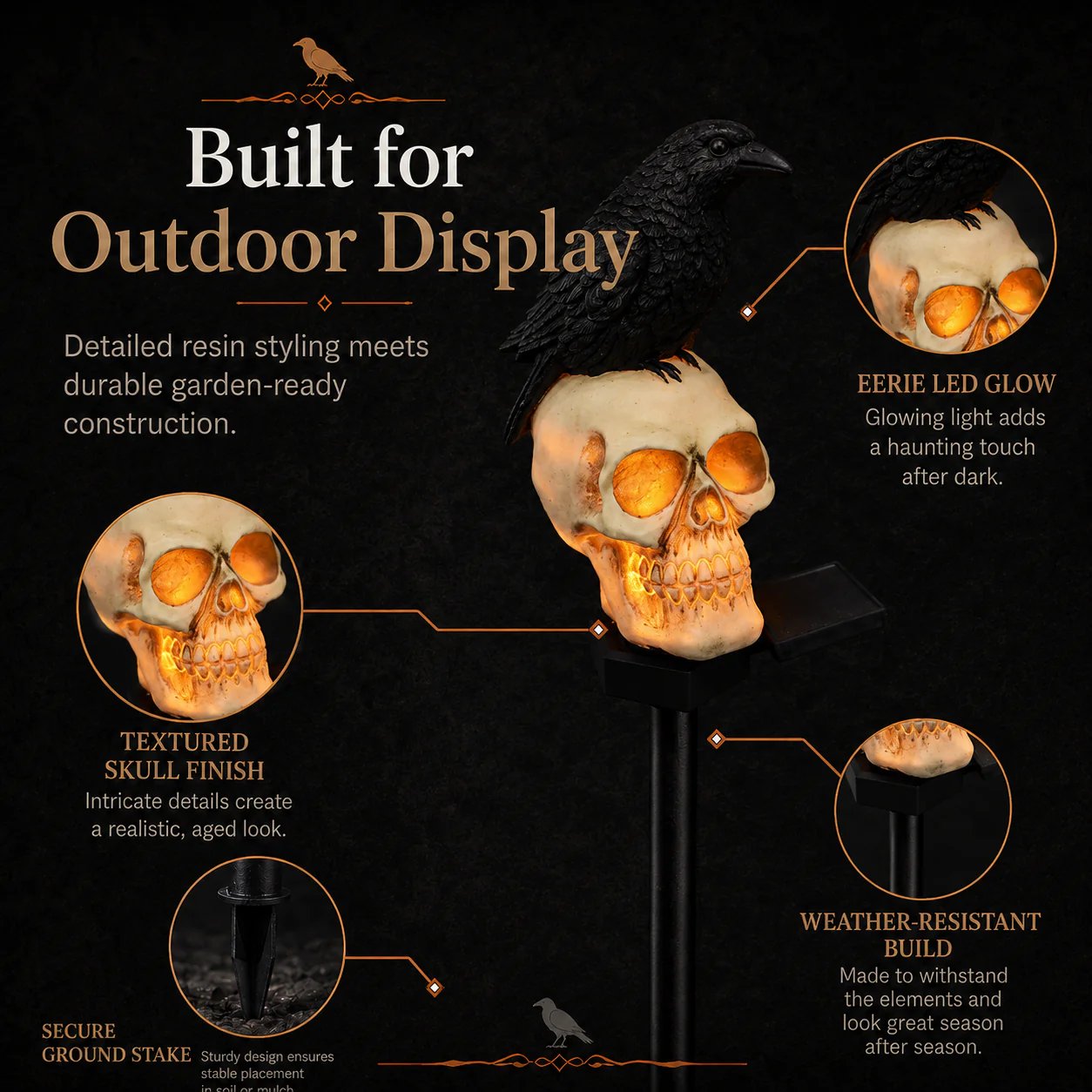 Raven skull Halloween yard decoration at night