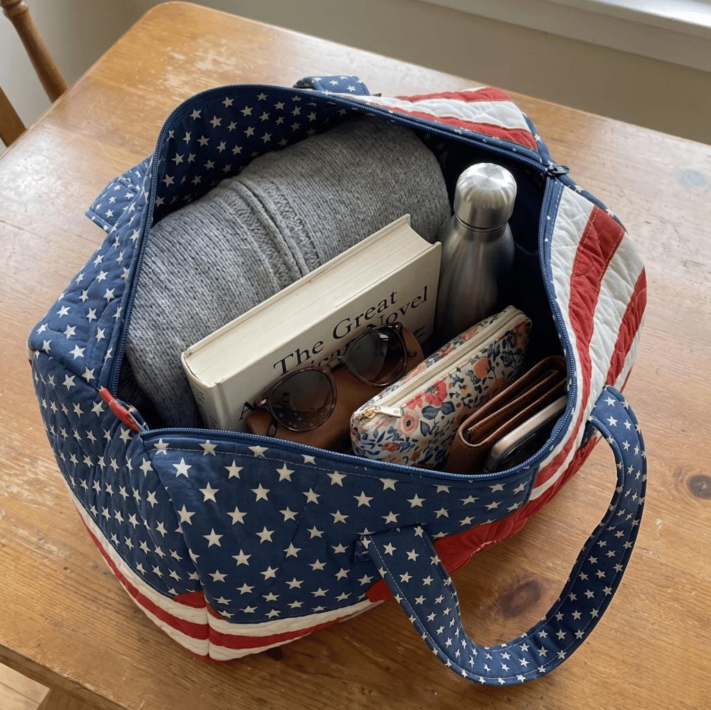 Woman carrying the quilted tote bag at home