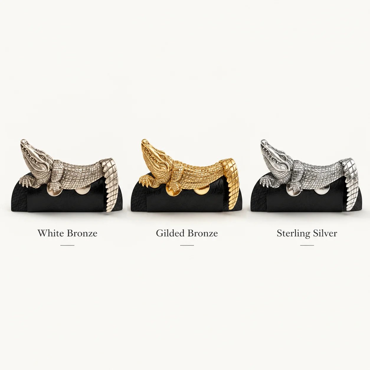 Sculptural alligator metal pocket square detail