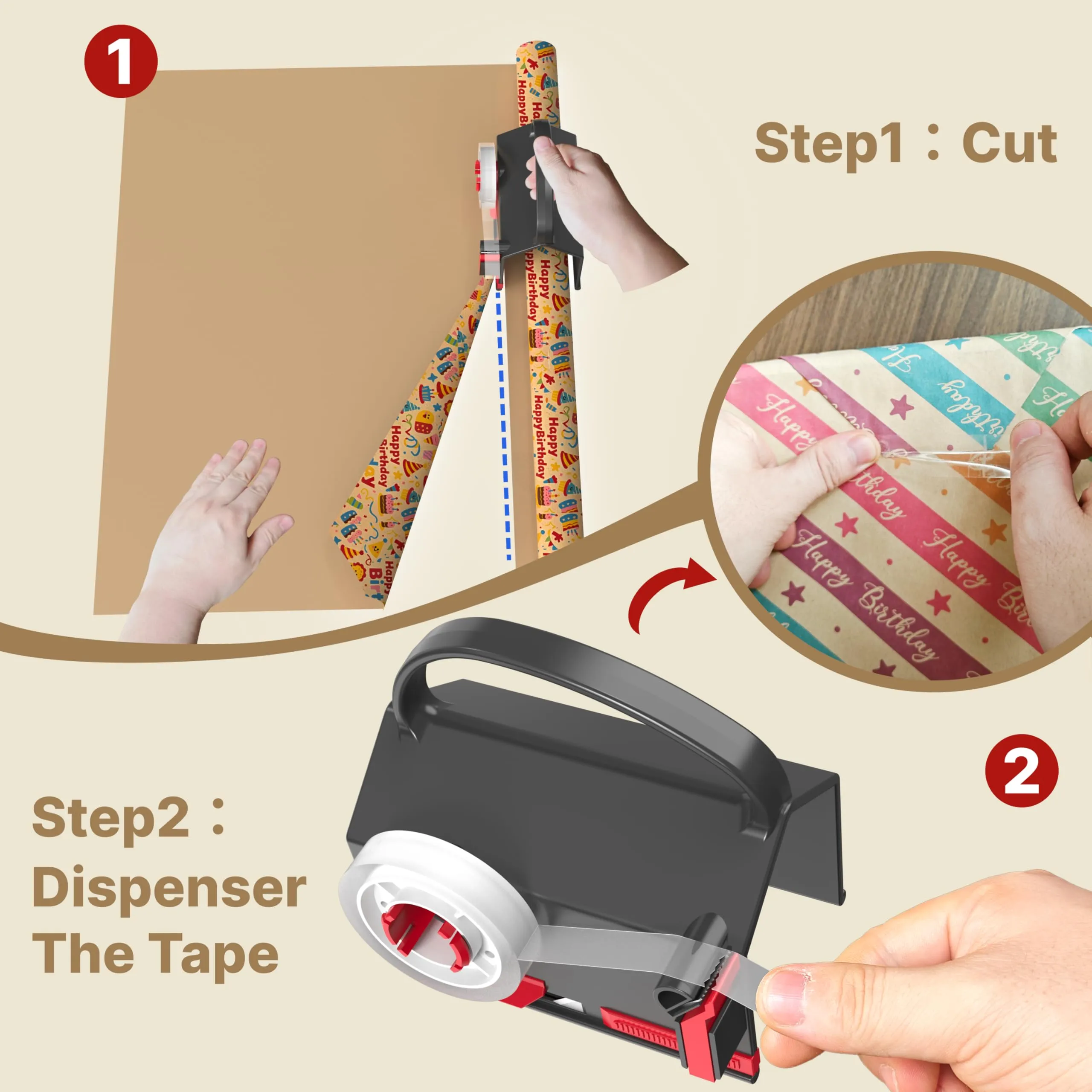 DHG 2-Pack Dual-Use Wrapping Paper Cutter & Tape Dispenser Kit, Sliding Roll Slicer Holder with 4 Tape Rolls & 2 Spare Blades, Multifunctional Stationery Cutting Supplies for Home Office, Handles Cellophane Neatly, Fits Kraft Paper, Holiday