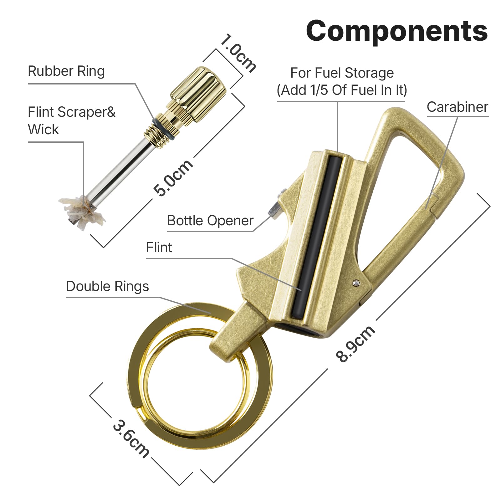 Permanent match bottle opener keychain components and illustrated metric dimensions