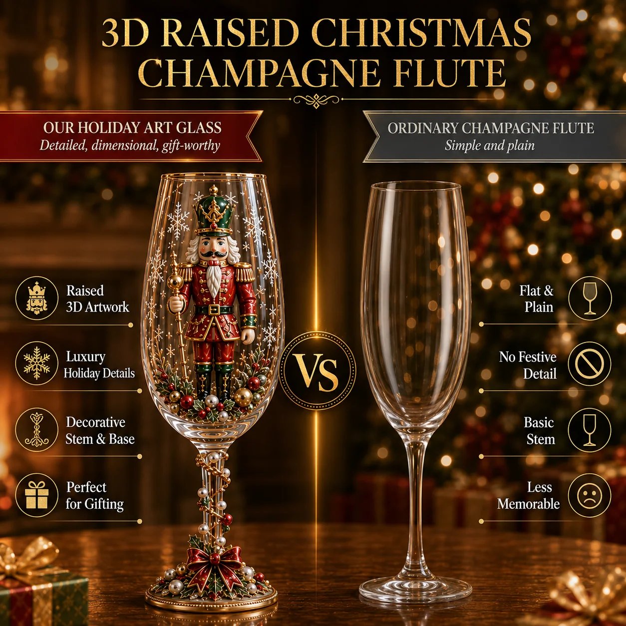3D Christmas collector champagne glass compared with an ordinary champagne flute
