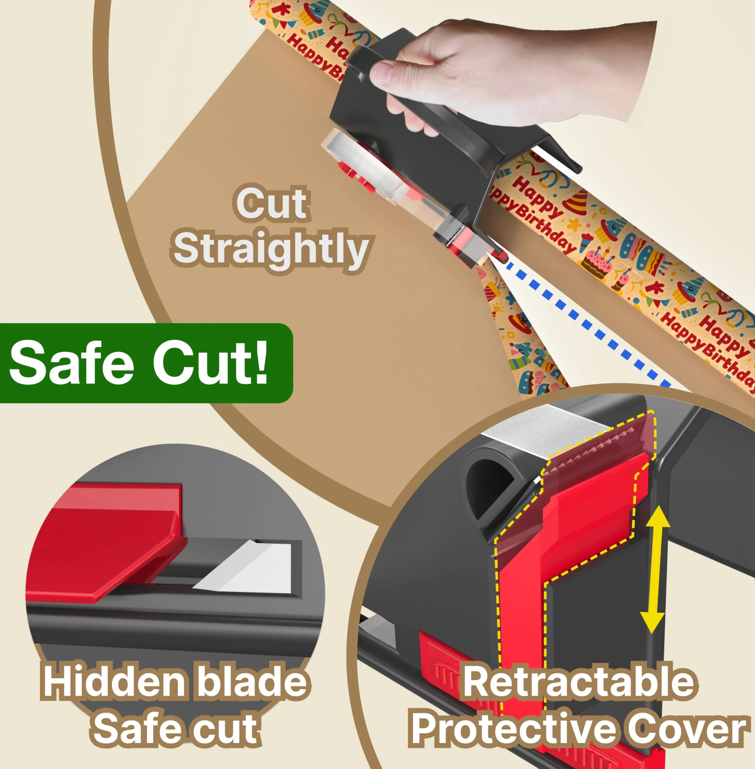DHG 2-Pack Dual-Use Wrapping Paper Cutter & Tape Dispenser Kit, Sliding Roll Slicer Holder with 4 Tape Rolls & 2 Spare Blades, Multifunctional Stationery Cutting Supplies for Home Office, Handles Cellophane Neatly, Fits Kraft Paper, Holiday