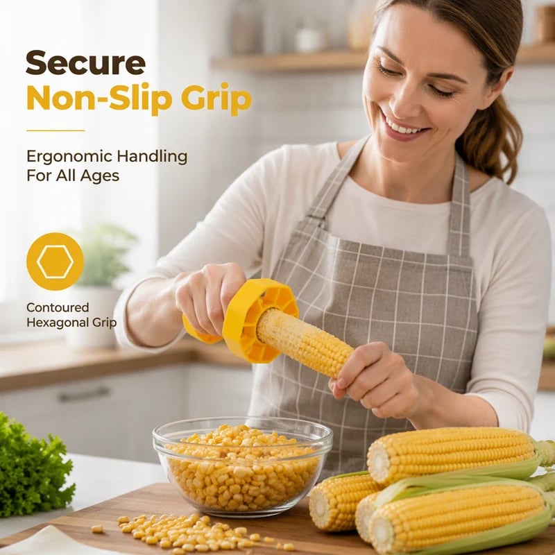 Woman using the ergonomic hexagonal corn stripper in the kitchen