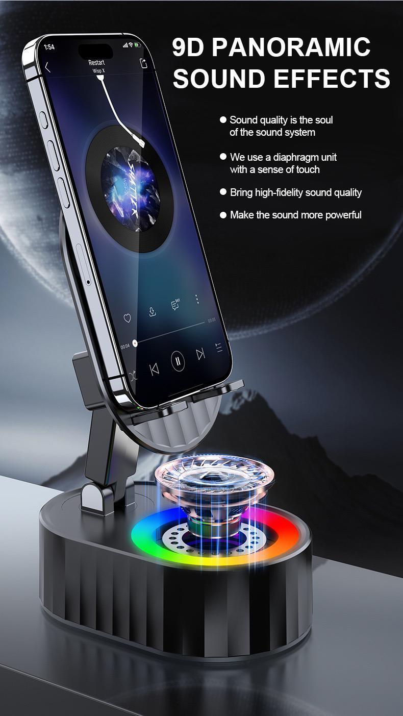Product Introduction of AKLLCCR 5in1 Wireless Speaker Cell Phone Stand with Bluetooth/Induction Audio & Atmosphere Light/Power Bank, 5.3 HD Surround Subwoofer Sound,300° Rotable Foldable Lift-Non-Slip Base, Fits Smart Phones 11