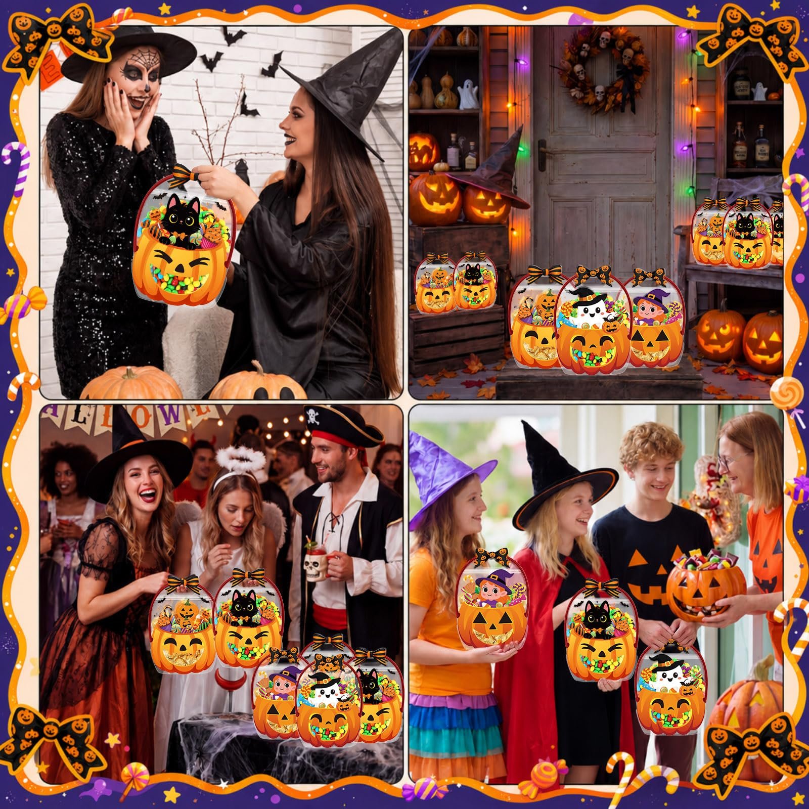 Halloween treat bag with transparent window and pumpkin-shaped printed border