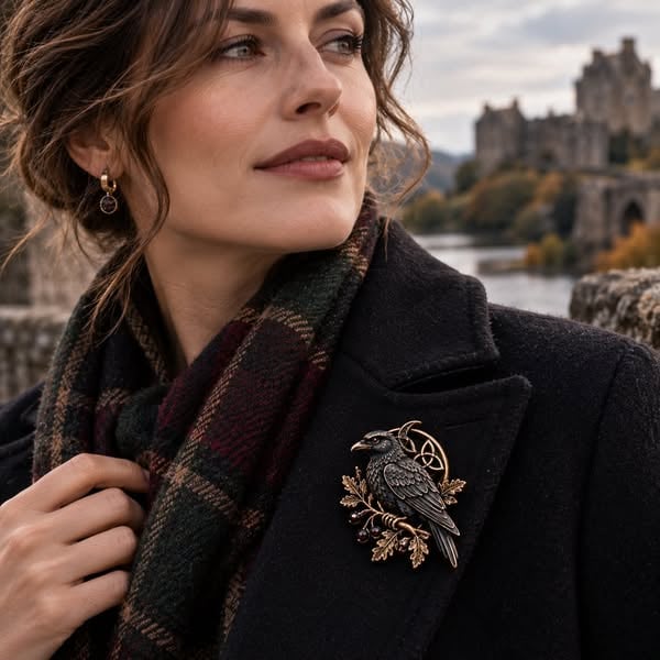 Bronze-tone crescent raven brooch worn on a black wool coat with a tartan scarf