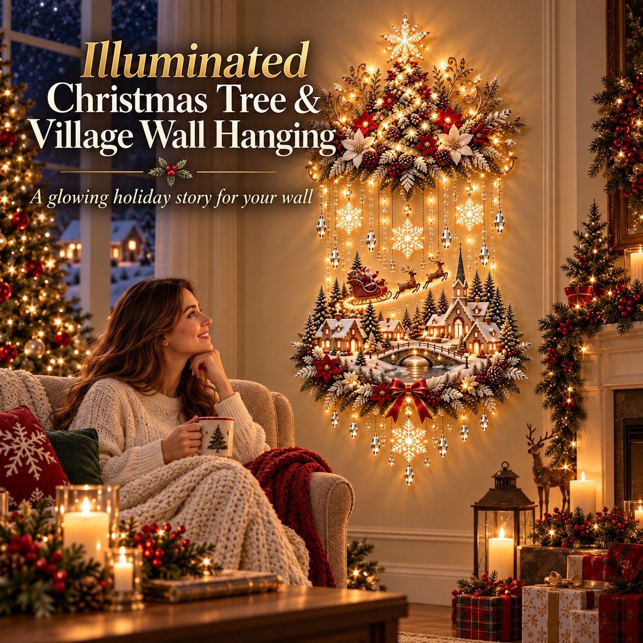 Illuminated Christmas tree and snowy village wall hanging shown in a warm holiday living room