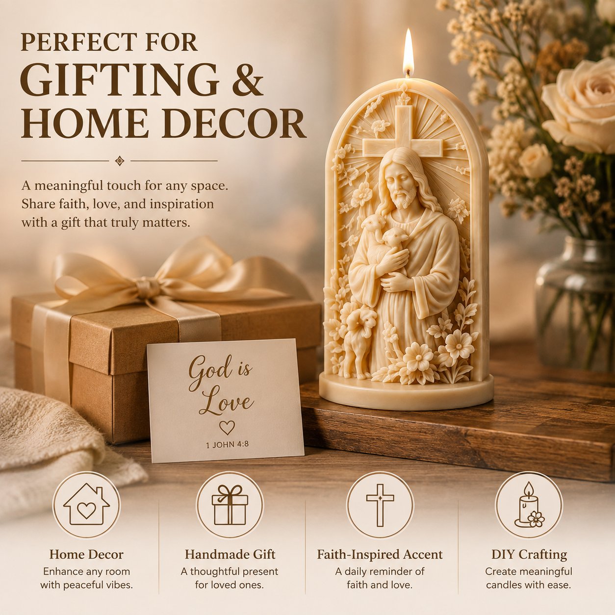 Handmade Jesus candle presented as a personal gift
