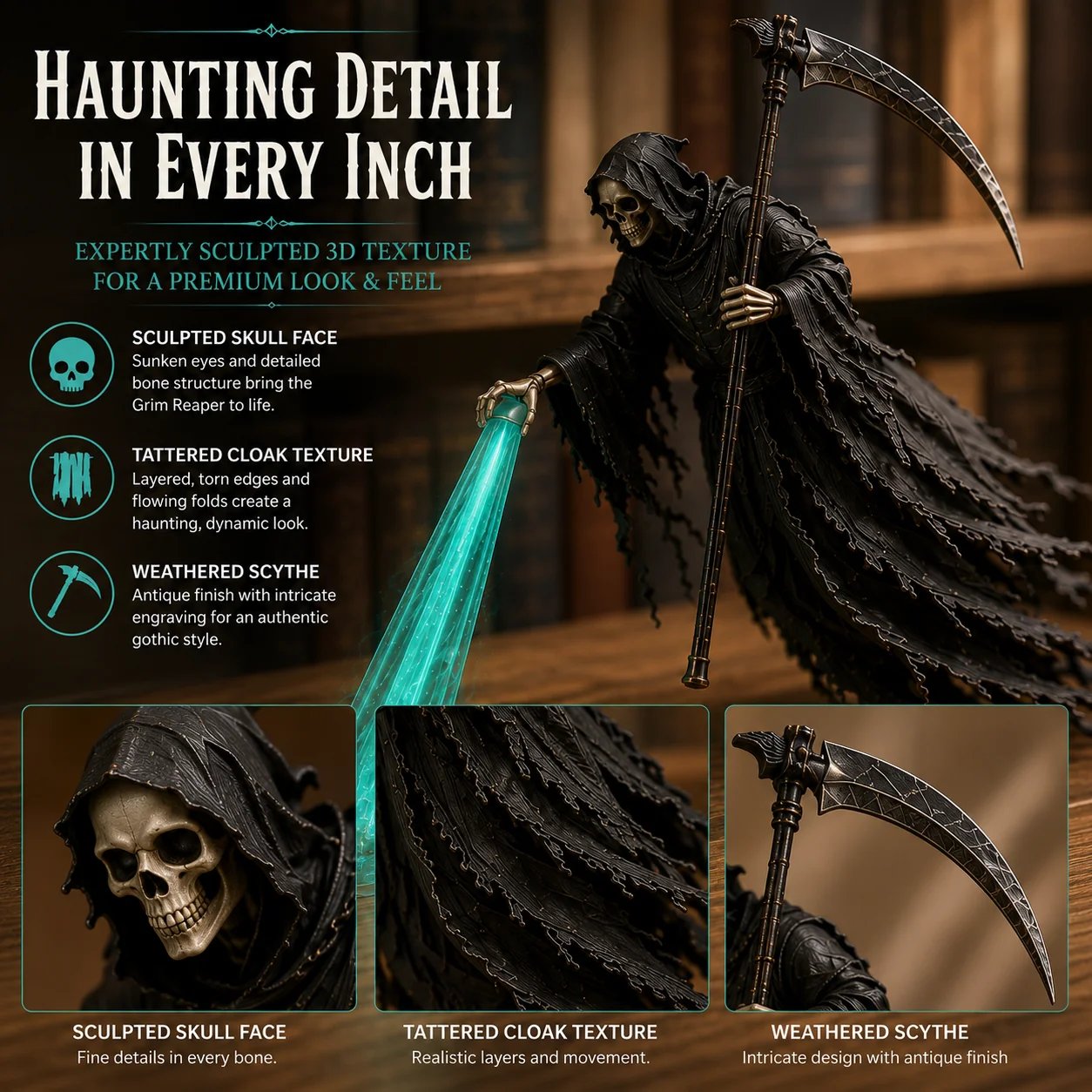 Detailed Grim Reaper skull cloak and scythe