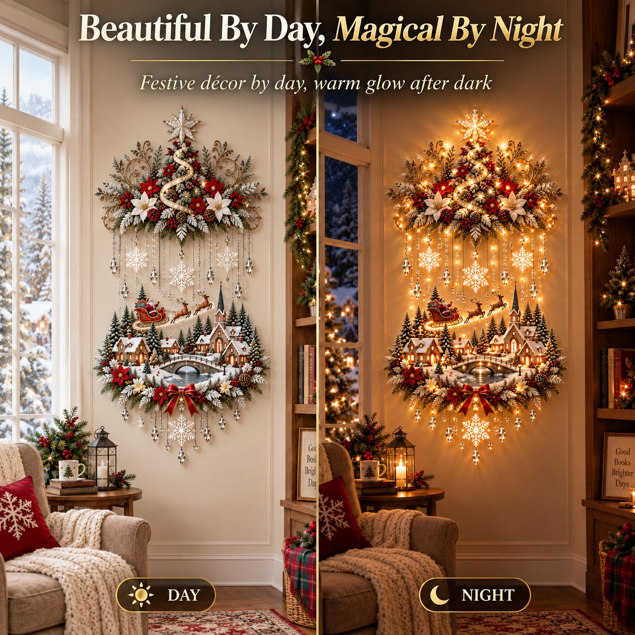 Day and night styling comparison of the Christmas tree and village wall hanging