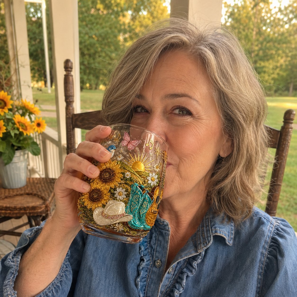 Customer enjoying her Tennessee Sunshine glass on the porch