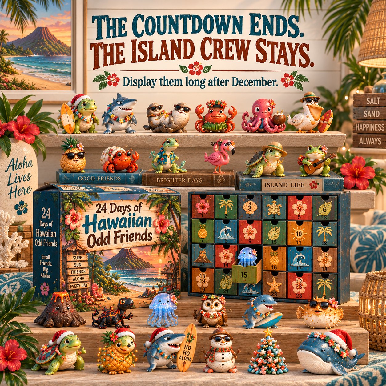 Complete Hawaiian Odd Friends collection displayed after the countdown