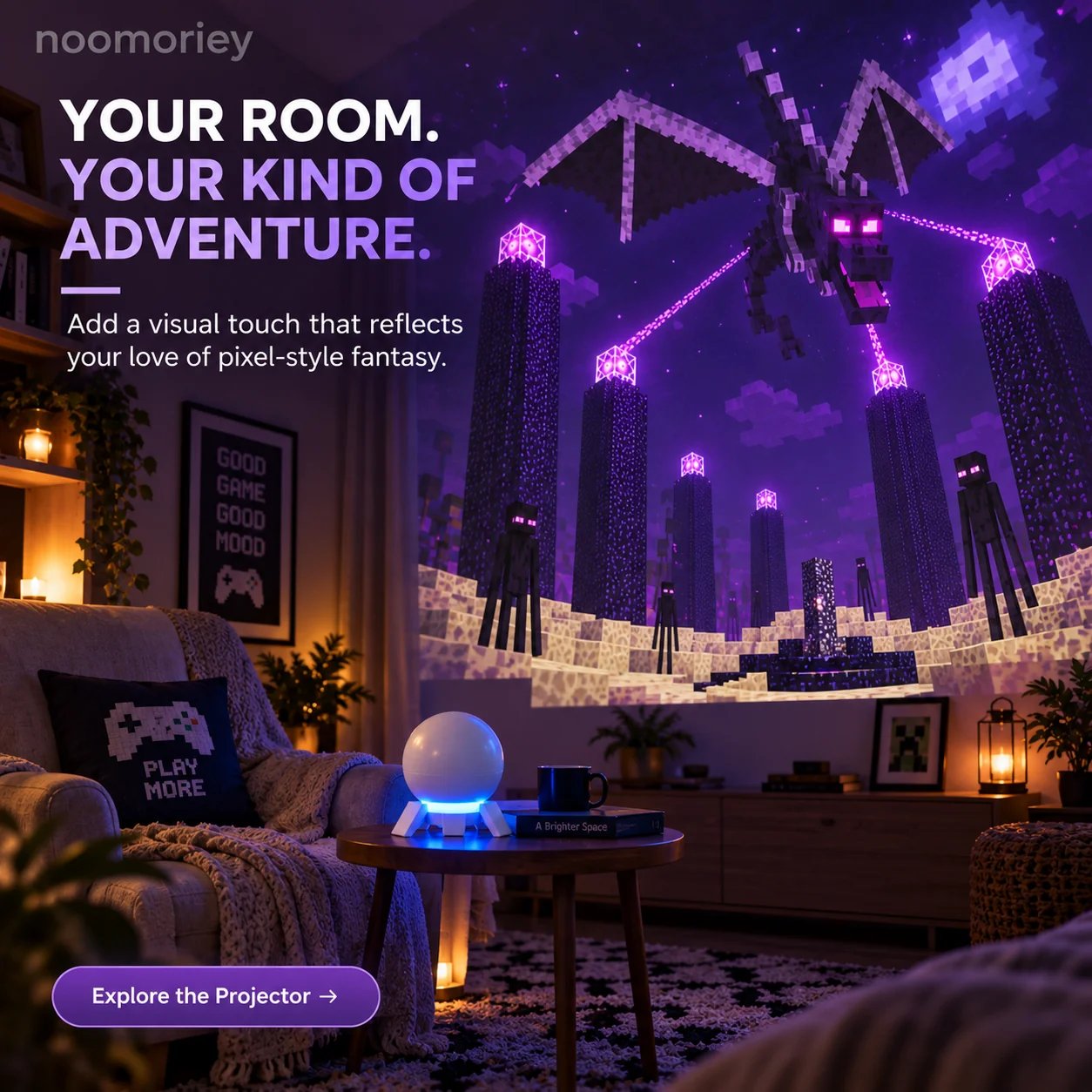 Cozy bedroom atmosphere with pixel fantasy projection