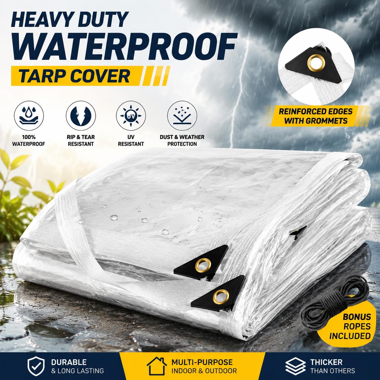 10x13FT Rainproof Polyethylene Tarps with Grommets, Transparent Outdoor Cover PE Tarps for Plant Piles, Patio Furniture, Home Supplies Rain Cloths