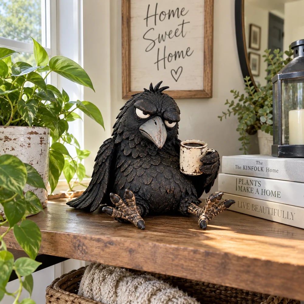 Raven coffee figurine displayed naturally in a bright home