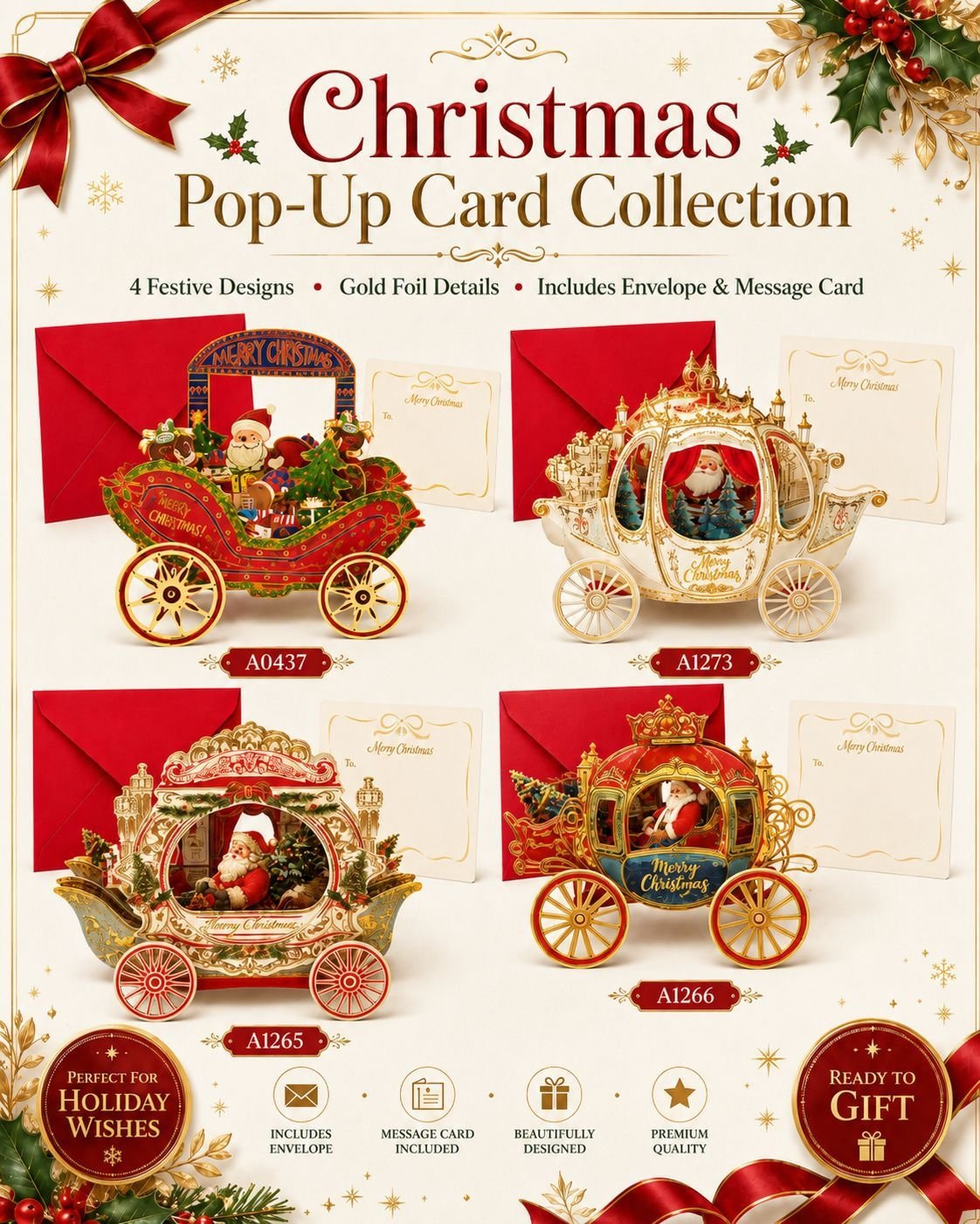 Multiple Christmas carriage pop-up card styles