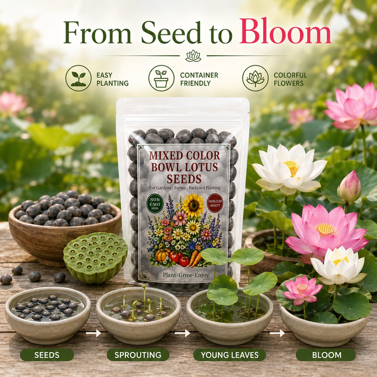 Mixed color bowl lotus seeds showing progression from seeds to sprouting leaves and bloom