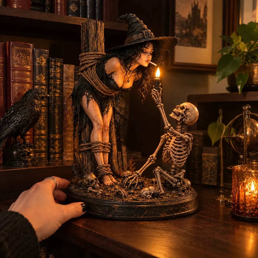 Customer holding gothic witch skeleton Halloween figurine