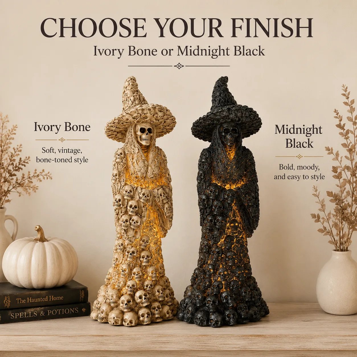 Ivory Bone and Midnight Black Skull Witch Lantern Statue options