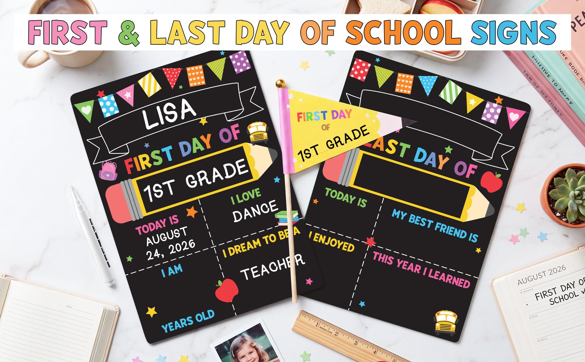 BEAWART First Day of School Black Sign Board, 10x14 Double-Sided First & Last Day Chalkboard Sign, Reusable Back to School Photo Prop For Preschool Kindergarten Kids, Includes Pencil Flag & White Chalk Marker BEAWART First Day of School Black Sign Board, 10x14 Double-Sided First & Last Day Chalkboard Sign, Reusable Back to School Photo Prop For Preschool Kindergarten Kids, Includes Pencil Flag & White Chalk Marker