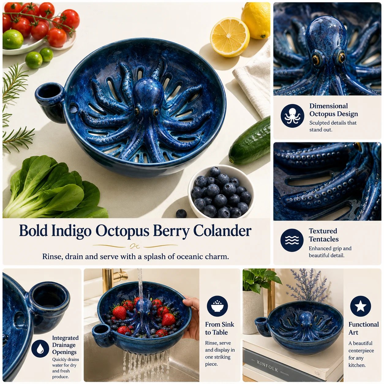 Close up of textured blue octopus tentacles and drainage holes