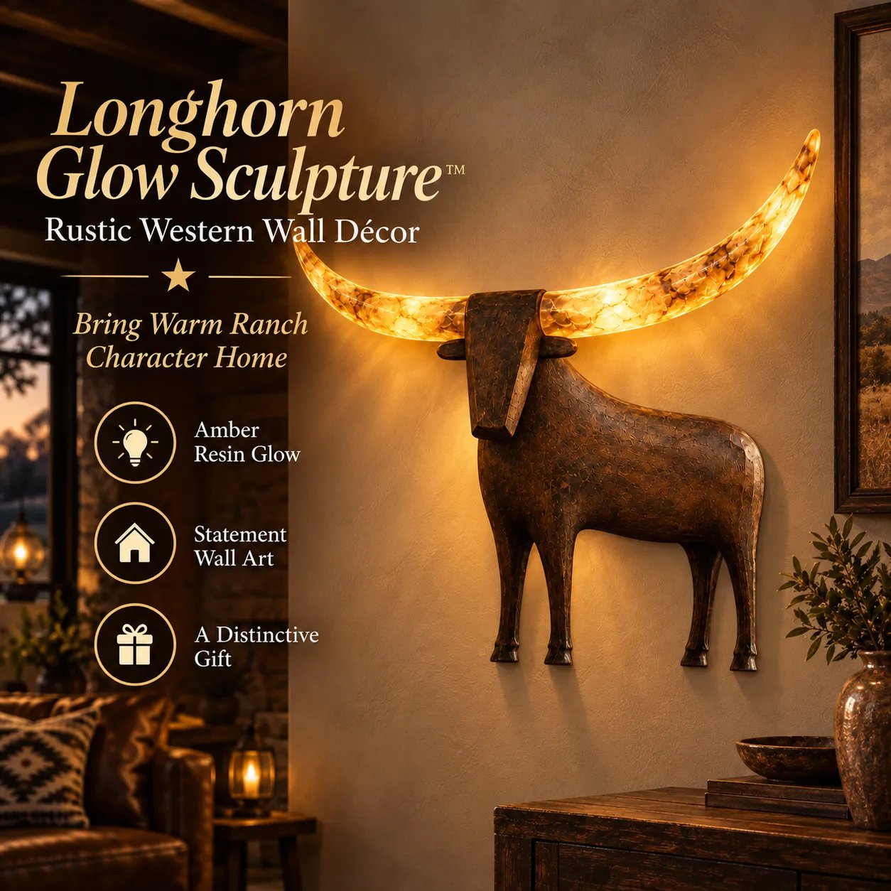 Illuminated Longhorn wall sculpture with warm amber horns