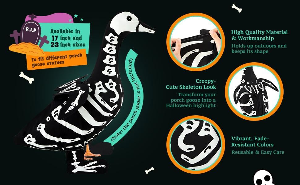 Halloween Porch Goose Outfits Glow in the Dark Skeleton Pumpkin Costume Clothes Accessories for 23'' Plastic/ Cement Goose Statue, Halloween Outdoor Patio Yard Lawn Decoration