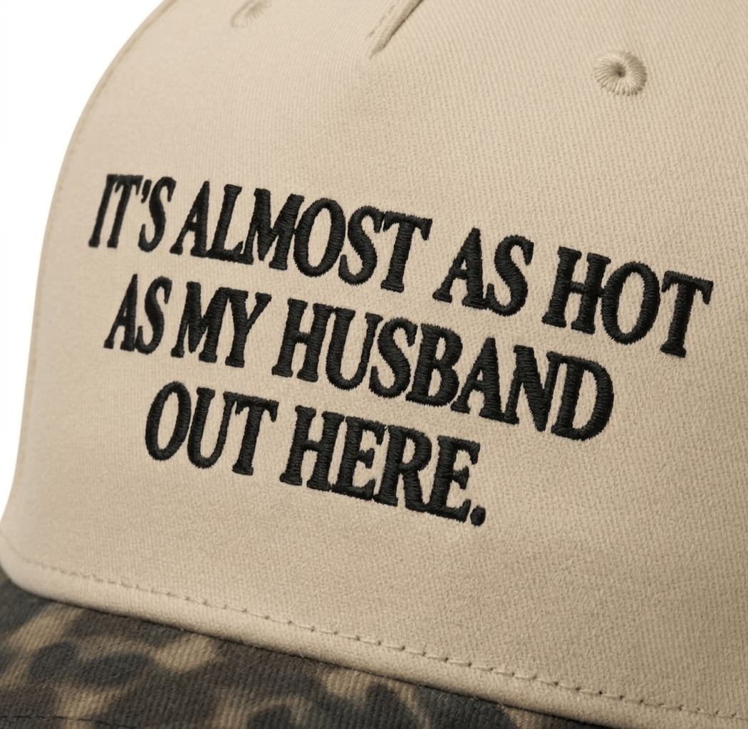 Close-up of the embroidered slogan