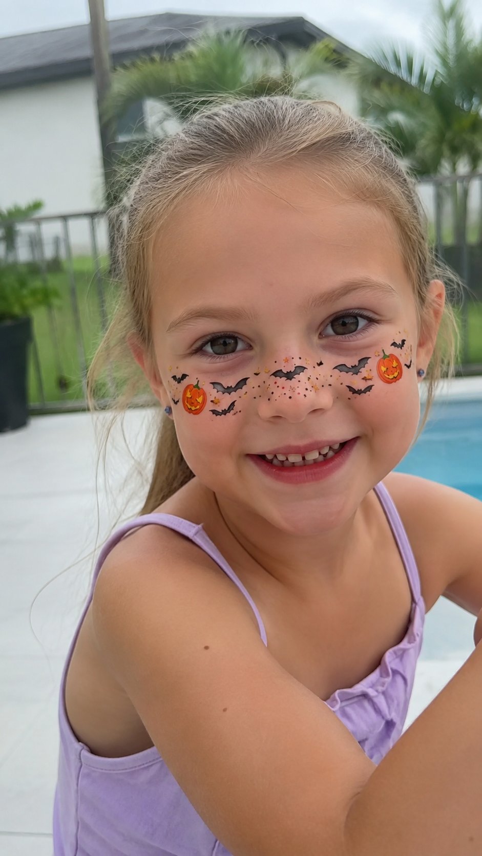Customer-style outdoor portrait of child wearing Halloween pumpkin and bat face tattoos